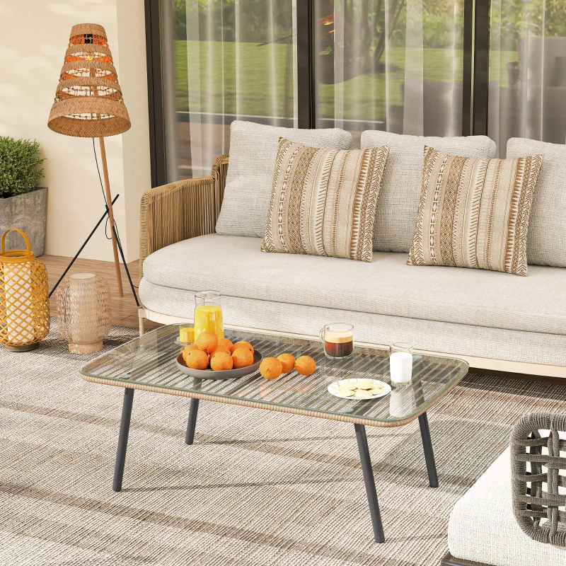 Outsunny Table basse de jardin avec plateau verre trempé 5 mm, table d'appoint pour extérieur, cadre en acier, effet bois naturel