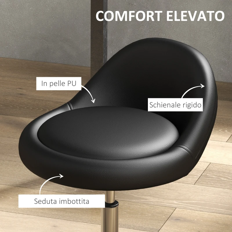 HOMCOM Sgabello con Ruote, Seduta Girevole, Altezza Regolabile e Rivestimento in Finta Pelle PU, Nero