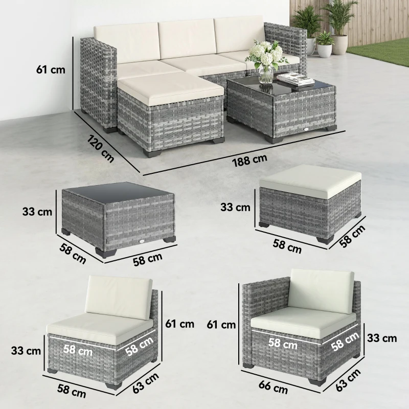 Outsunny Polyrattan tuinmeubelset 5-delig, loungeset met hoekbank, poef, tafel, zit- & rugkussens Grijs+Crèmewit