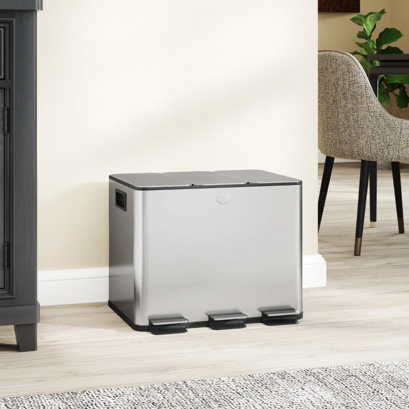 HOMCOM Papelera Cocina de Acero Inoxidable con 3 Compartimentos 3x10L con Pedales Tapas de Cierre Suave y Cubo Extraíble Plata