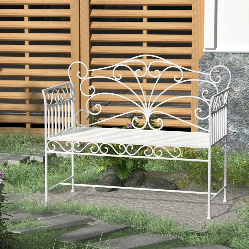 Outsunny Panchina da Esterno a 2 Posti , Panchina Biposto da Giardino Stile Romantico Ferro 111 x 50 x 98cm Bianco