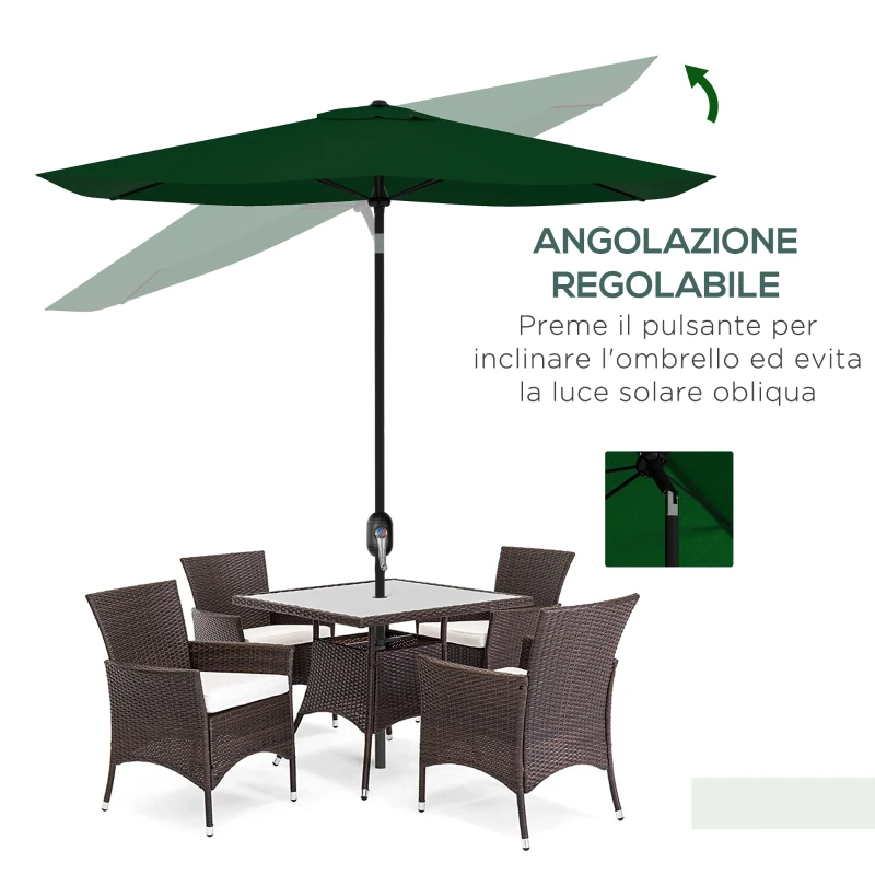 Outsunny Ombrellone da Giardino Rettangolare 2x3 m Inclinabile con Apertura a Manovella, Verde