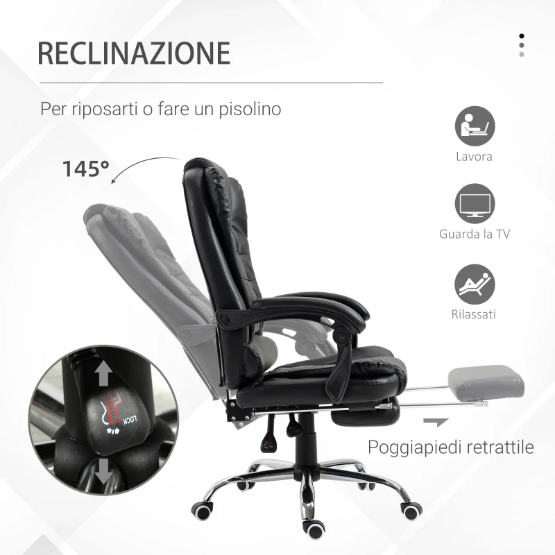 HOMCOM Poltrona Presidenziale da Ufficio in Similpelle Bianca, Regolabile con Schienale Reclinabile 145° e Poggiapiedi