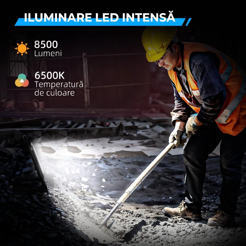 HOMCOM Proiector LED de lucru 6500K cu cap rotativ și suport reglabil, din aluminiu și metal, 35x20x32 cm, negru