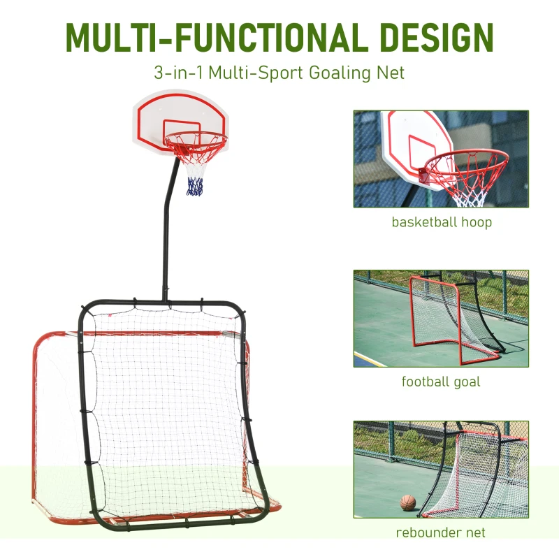 HOMCOM 3-In-1 Football Goal Net, Basketball Hoop, Rebounder Target Netting Teens Adult Practice Play Sports Fun