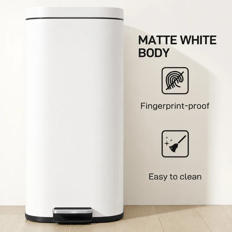 HOMCOM 30L Kitchen Bin, Compact Pedal Bin with Soft-Close and Stay-Open Lid, Removable Bucket for Kitchen, Home, Office, White
