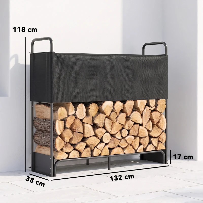 Outsunny Leñero para Interior y Exterior en Acero Galvanizado con Cubierta y Bolsa en Oxford 600D, Capacidad 300 kg, Negro