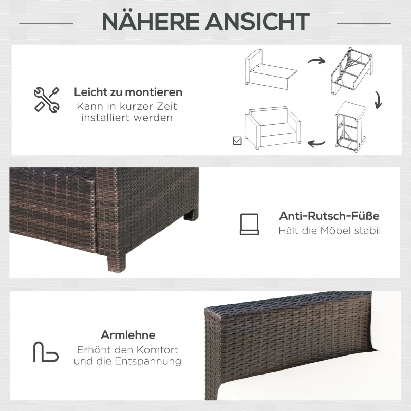 Outsunny tuin lounge PE rotan bank met kussens 2-zits tuin lounge bank buiten metaal polyester bruin + wit 130 x 70 x 80 cm