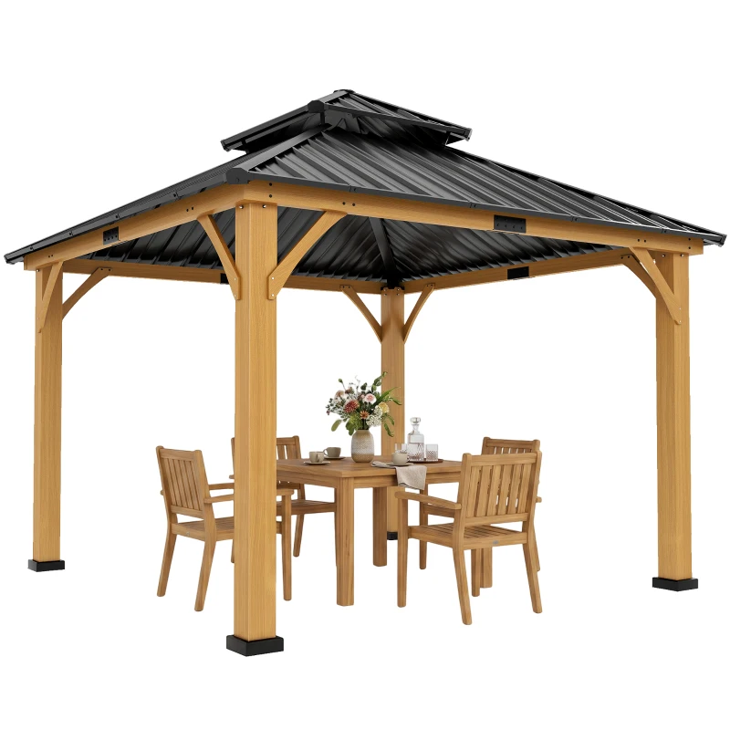 Outsunny 3.5 x 3.5m Outdoor Hardtop Gazebo Canopy with Two-tier Metal Roof and Solid Wood Frame Outdoor Patio Shelter for Patio, Garden, Black