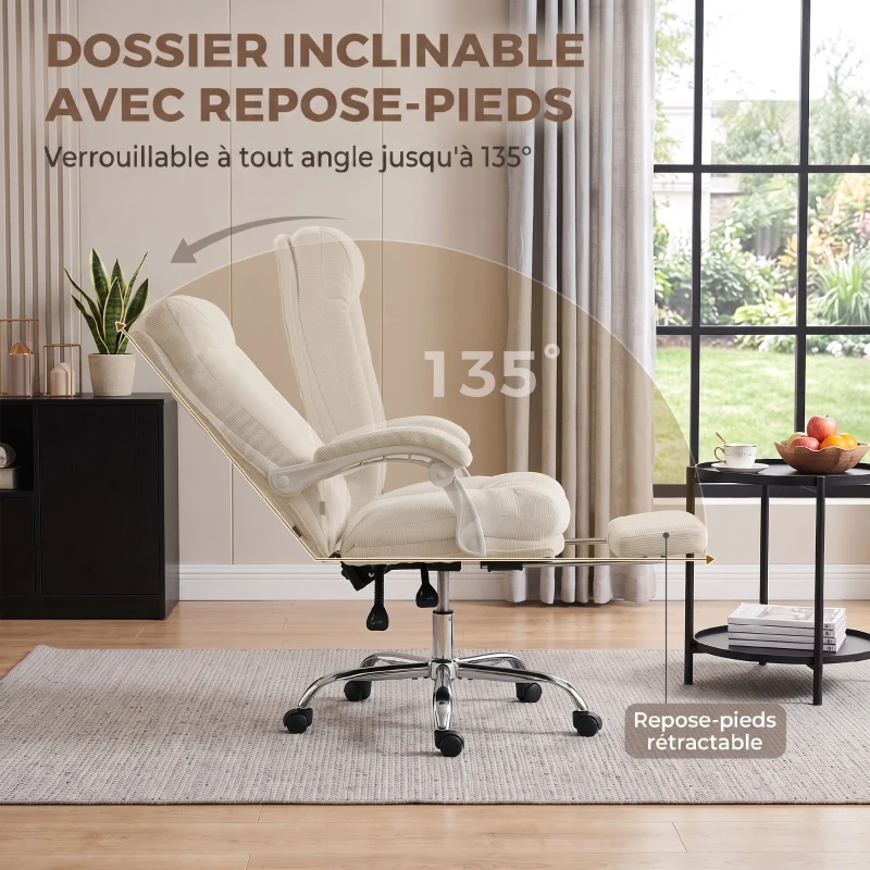 HOMCOM Chaise Bureau Ergonomique, Fauteuil de Bureau Inclinable en Chenille, Hauteur Réglable, Repose-Pieds, Crème