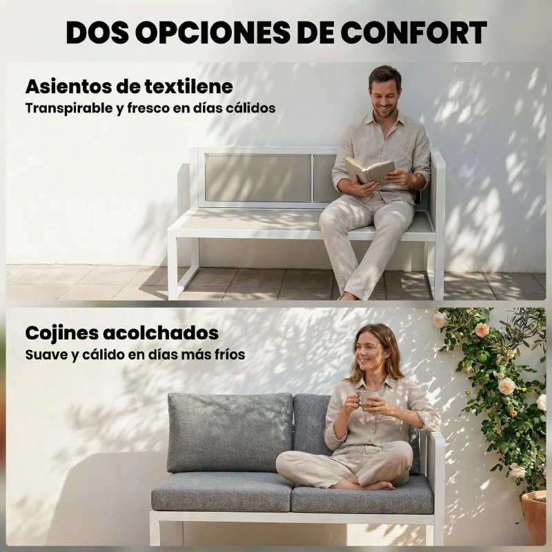 Outsunny Conjunto de Jardín Exterior con Cojines 3 Sofás de 2 Plazas Mesa con Tablero Efecto Madera WPC y Cojines Gris y Blanco