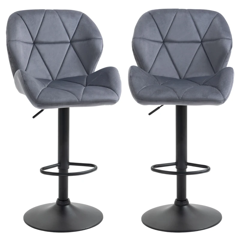 HOMCOM Bar Stools Set Of 2, Luxurious Velvet-Touch Barstools with Metal Frame Footrest Round Base Triangle Indenting Moulded Seat Adjustable Height Swivel Dark Grey