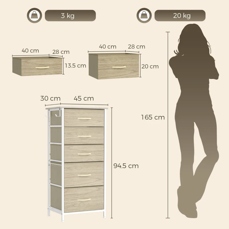 HOMCOM Chest of Drawers, Dresser with 5 Fabric Drawers, Tall Storage Unit with 4 Pockets and 2 Hooks Steel Frame, Natural Wood