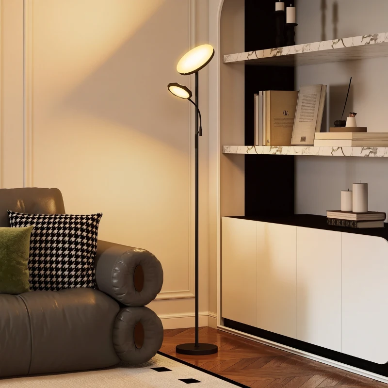 HOMCOM LED Floor Lamp for Living Room, Stepless Dimmable Standing Lamp, Mother and Child Uplighter with Reading Light, 4 Scene Modes, 2700K-6500K Colour Temps, 4 Brightness Levels, Remote Control