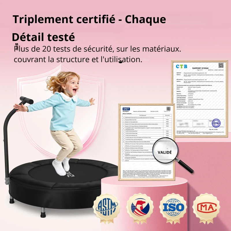 Trampoline pour enfants, tapis de saut No-Gap, poignée en mousse & pieds en caoutchouc antidérapants, 91x91x71 cm, Noir
