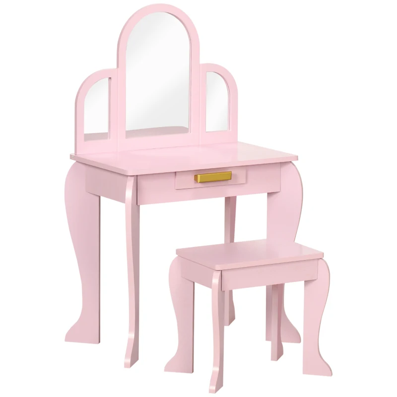 HOMCOM Coiffeuse pour enfant avec tabouret 3 miroirs et tiroir 3 à 6 ans 52 x 32 x 85 cm rose