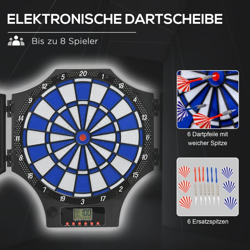SPORTNOW Elektronisch dartbord, 31 spellen, voor 8 spelers, 2 deuren, 6 pijlen, geluid, zwart, 83 x 45 x 4 cm