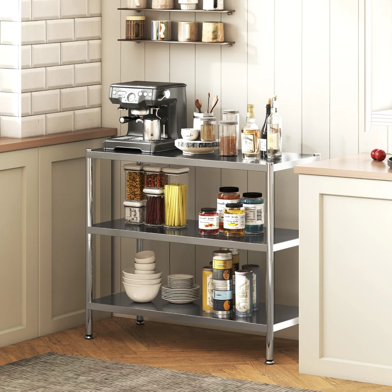 HOMCOM 3-Tier Bakers Rack with Storage, Stainless Steel Microwave Stand with Adjustable Shelves for Small Spaces, Kitchen Storage Unit for Spices, Pots and Pans, Silver Tone