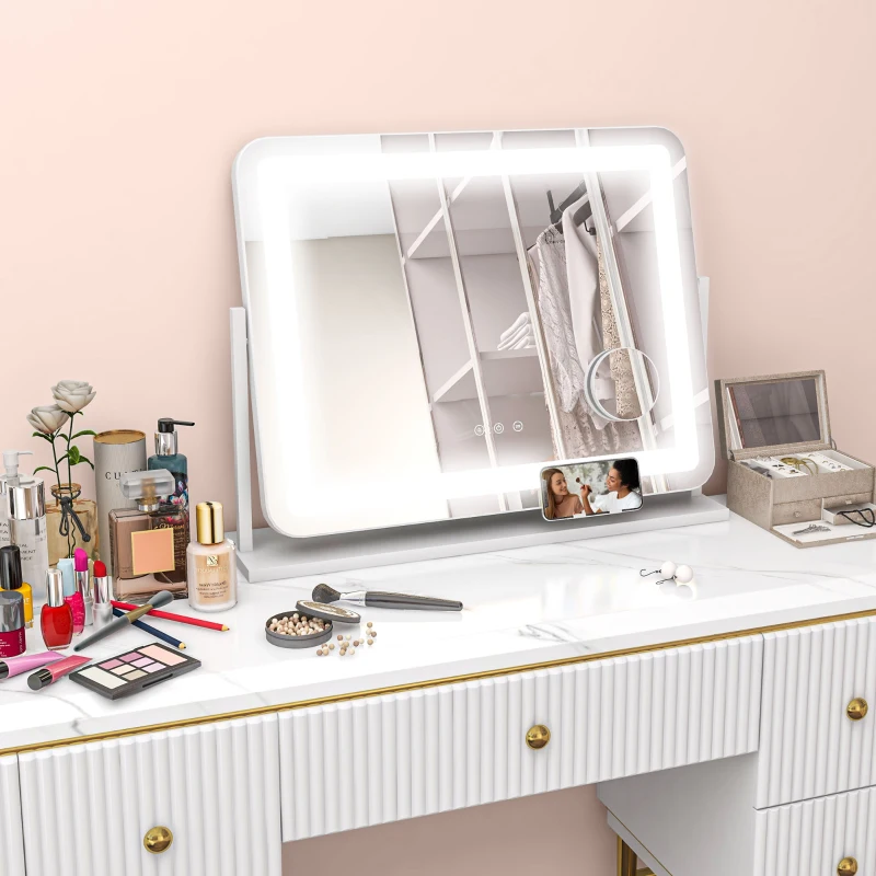 HOMCOM Espejo de Tocador Giratorio 58x46 cm con 3 Modos de Iluminación Ajustables Interruptor Táctil Espejo de Aumento Blanco