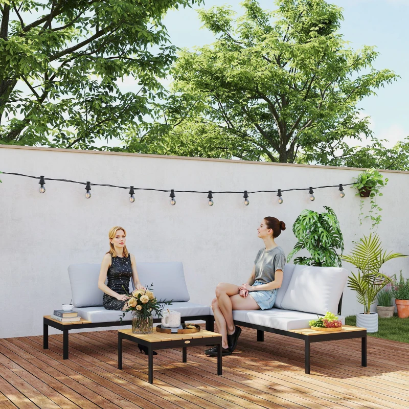 Outsunny Four-Piece Garden Corner Sofa Set with 2 Loveseats and 2 Coffee Tables - Teak