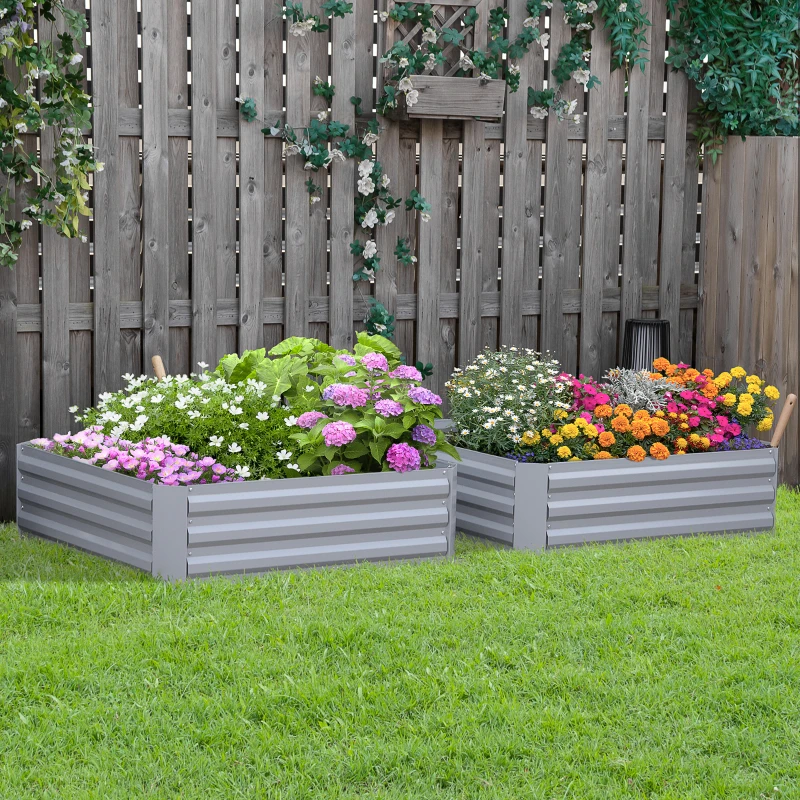 Outsunny Plantenbak, set van 2, bloembak, open bodem, stalen frame, grijs, (2 x) 100 x 100 x 30 cm