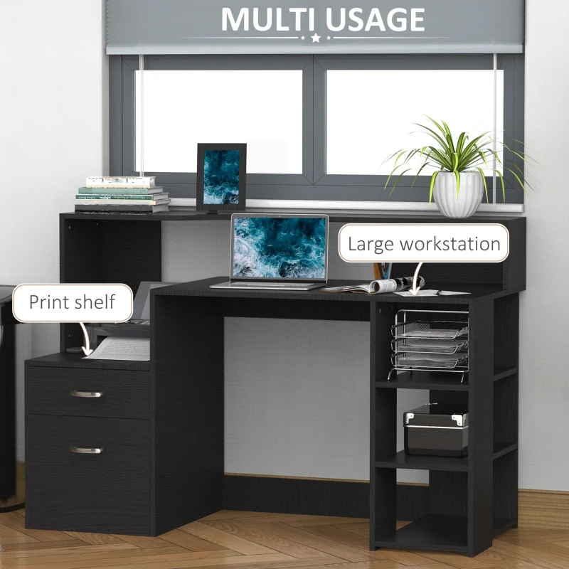 HOMCOM Computer Desk with Drawers and Storage Shelves, Office Desk Writing Table with Printer Stand, Large Workstation for Study Play Work Home Office, 137 x 55 x 92cm, Black
