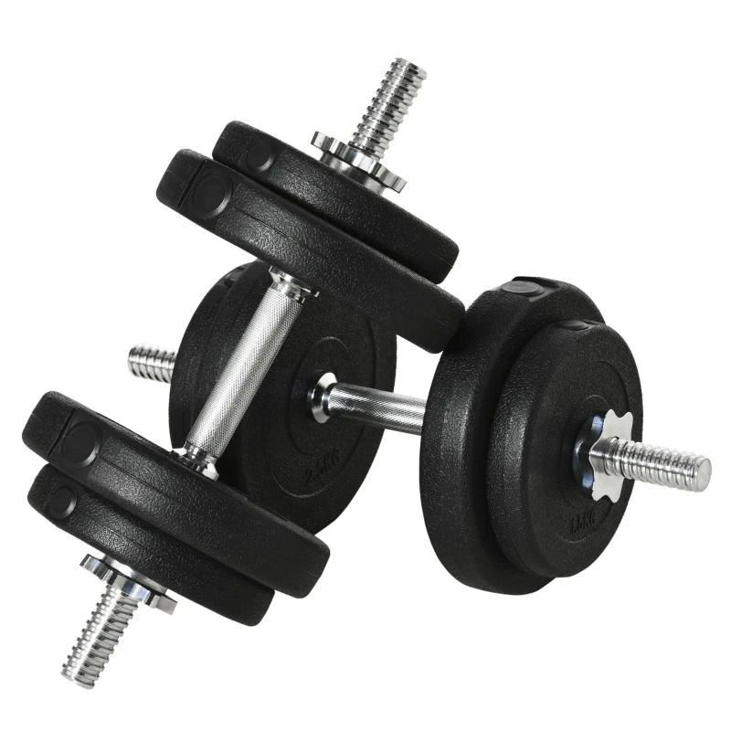 HOMCOM Set Gantere cu Greutăți de 20 kg (4x2.5 kg, 4x1.5 kg) cu 8 Discuri și 2 Gantere de 2 kg, 43x18x7.5 cm, Negru
