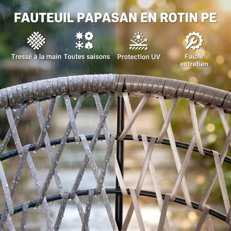 Outsunny Fauteuil rond de jardin fauteuil papasan pivotant Ø 97 x 90H cm grand coussin fourni polyester résine tressée