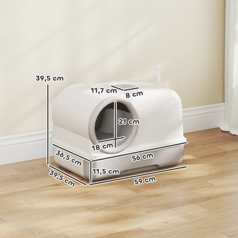PawHut Kattenbak met deksel schep uittrekbare bak 2 actieve koolfilters voor katten tot 5 kg 59x39,5x39,5cm Wit+Grijs