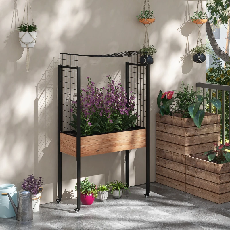 Outsunny Huerto Urbano Elevado con Enrejado Mesa Jardinera con Ruedas con Orificios de Drenaje para Plantas 110x49x190 cm Marrón
