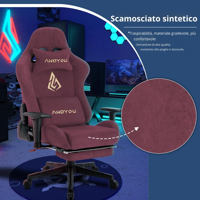 Sedia da gaming con poggiapiedi, in similpelle scamosciata traspirante, regolabile in altezza con molla a gas, girevole, 70x70x135 cm, Rosso