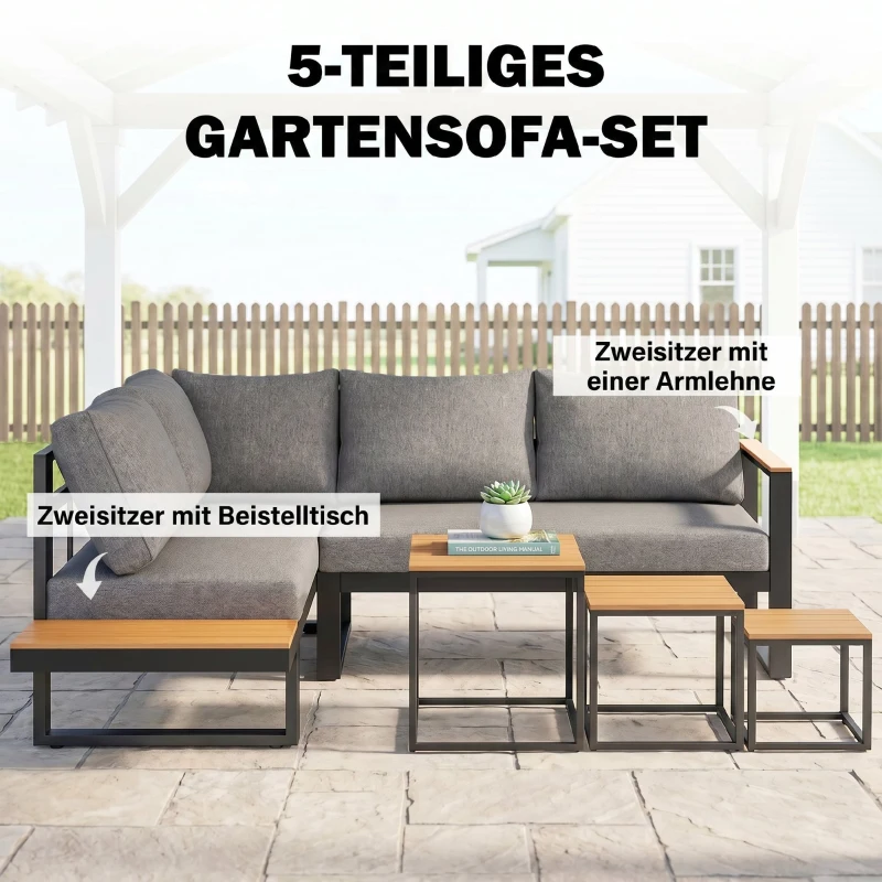 Outsunny 5-delige loungeset voor buiten, tuinmeubelset, 148 cm x 61 cm x 71,5 cm, Grijs + Natuurlijk