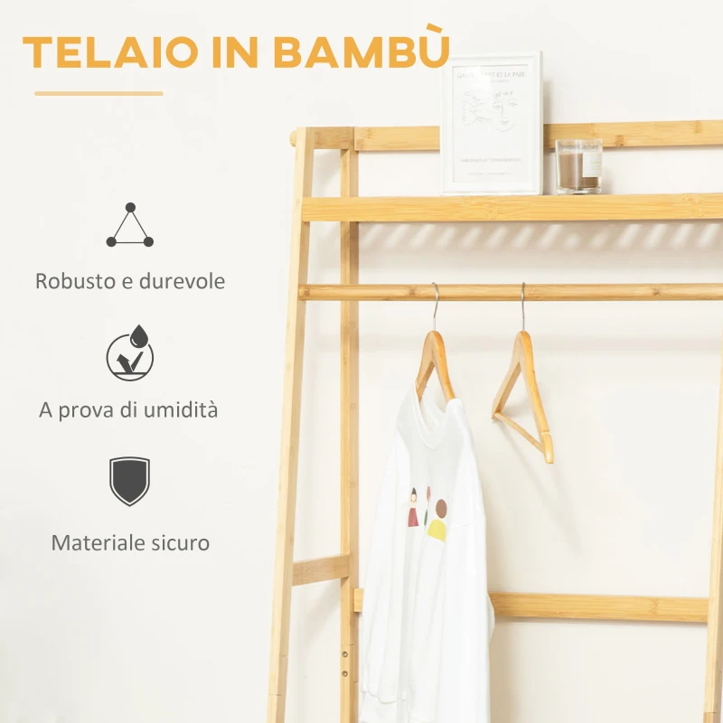 HOMCOM Appendiabiti in Legno di Bambù da Terra con Ripiani, 70x42x164cm, Colore Legno