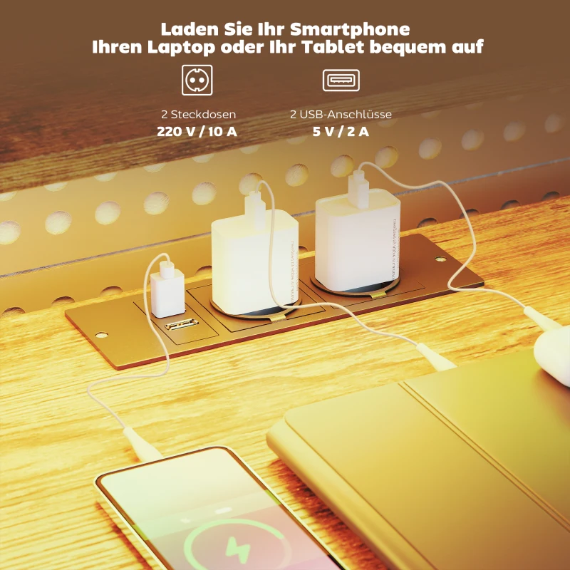 HOMCOM Gamingbureau L-vormig bureau met stroomaansluiting LED-verlichting 4 lades monitorstandaard 155x110x91,4 cm bruin