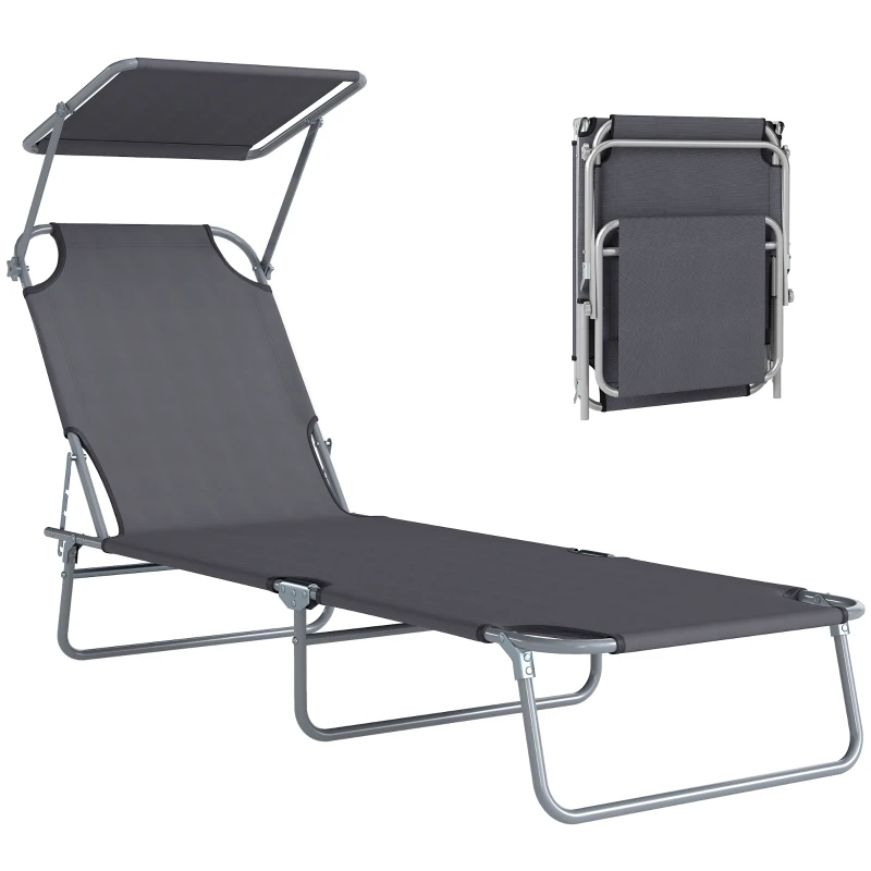 Outsunny Klapbare ligstoel met zonnescherm, verstelbare rugleuning, metalen frame, 187 x 58 x 36 cm, grijs