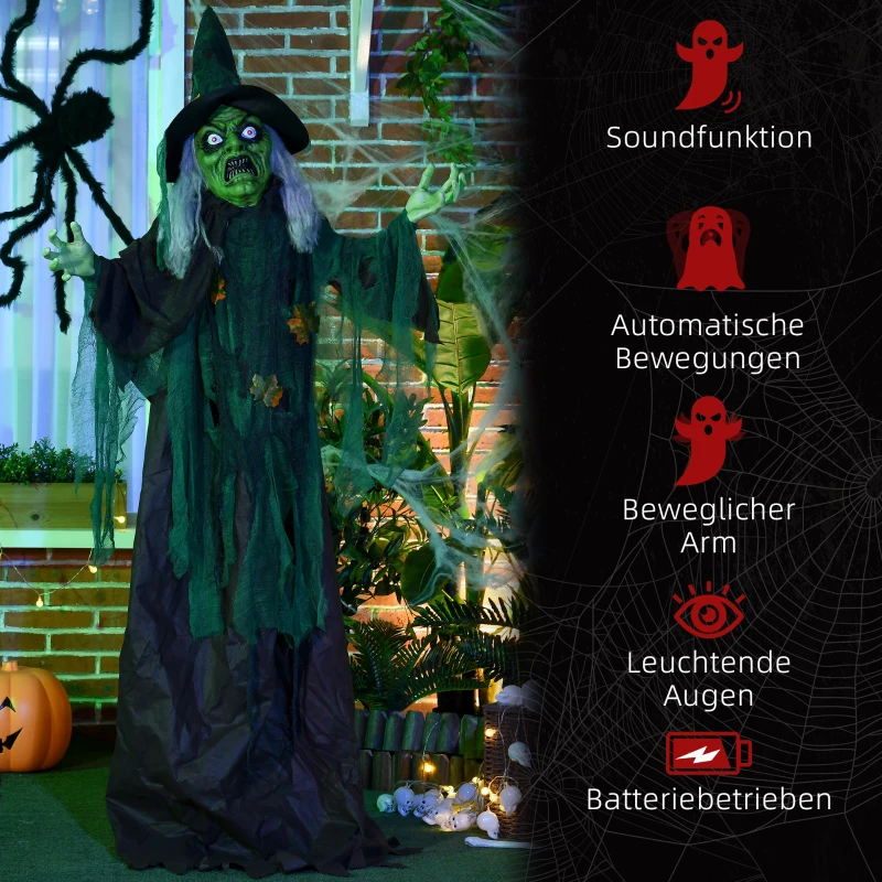 HOMCOM Halloween-heks, Halloween-decoratie, geluidsfunctie, met bewegingssensor en LED-lampjes, 60 cm x 18 cm x 183 cm