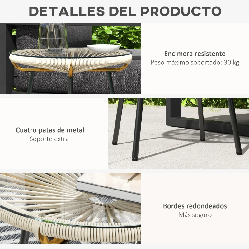 Outsunny Mesa Auxiliar de Ratán Sintético Redonda para Exteriores con Encimera de Vidrio Templado Ø50x50 cm Crema