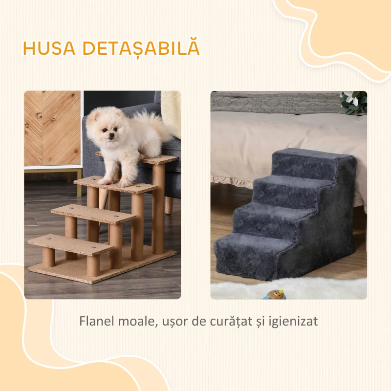 PawHut Scară Portabilă pentru Câini cu 4 Trepte, din Material de Catifea Detașabil și Lemn, 60x35x44 cm, Gri Închis