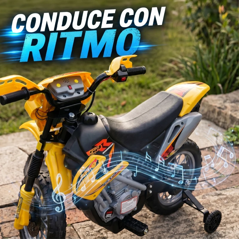 HOMCOM Moto Eléctrica para Niños con Ruedas de Apoyo Desmontables Faros y Música para Niños 3-6 Años Amarillo