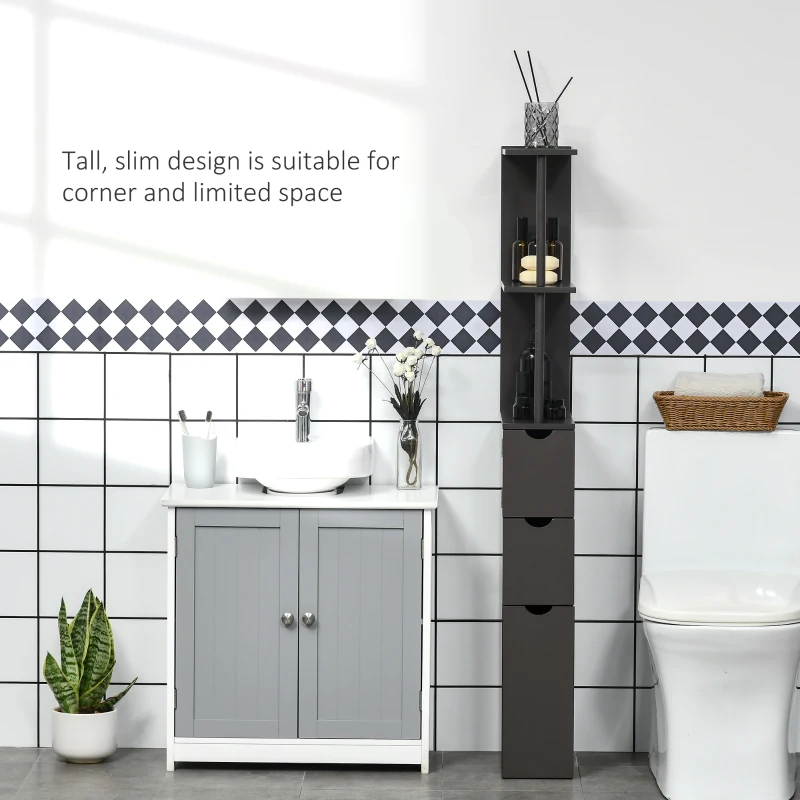 HOMCOM Tall Bathroom Cabinet, Freestanding Slim Bathroom Storage Cabinet with 2-Tier Open Shelf and 2 Drawers for Small Space, Narrow Cupboard Storage Unit, Brown