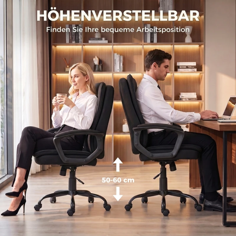 HOMCOM Directiestoel met dubbellaagse bekleding, stoffen bureaustoel, in hoogte verstelbaar, met armleuningen, zwart