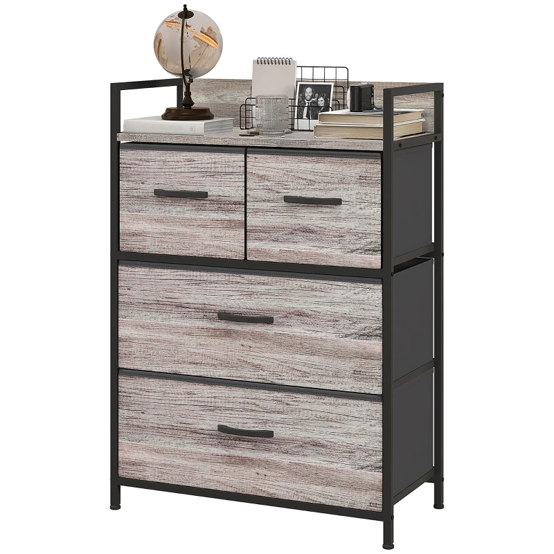 HOMCOM Cómoda con 4 Cajones de Tela Plegables Industrial Estante Abierto Marco de Acero Cajonera para Espacios Pequeños Gris