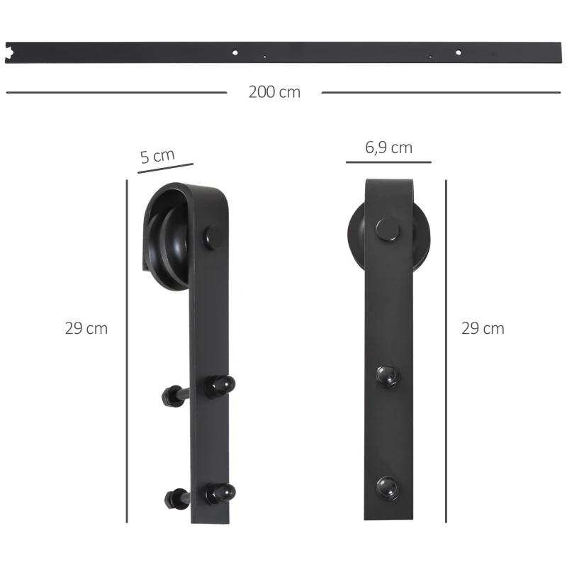 HOMCOM Glijrailsset voor schuifdeur, tot 90 kg, koolstofstaal, 200 cm, zwart, inclusief gereedschap(m-3)