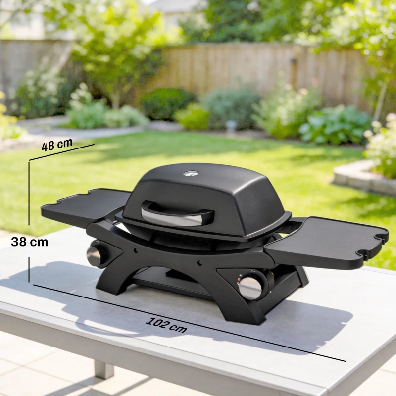 Outsunny 2 Burner Gas Grill with 2 Detachable Side Tables, 3.8 KW Steel Barbecue Grill with Cast Iron Grates, Lid, Thermometer