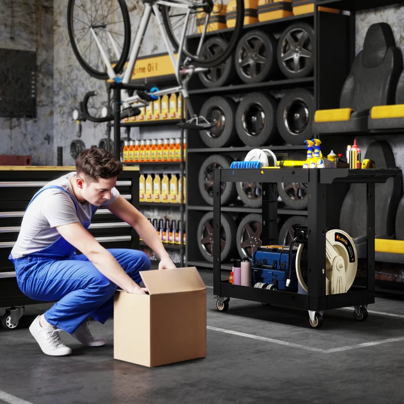 HOMCOM Gereedschapswagen, 2-Laagse Schappen, Handgreep, Wielen, Kunststof, Zwart