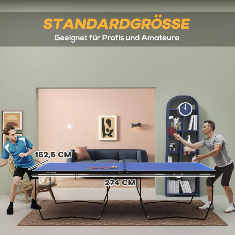SPORTNOW Tafeltennistafel, opvouwbaar, 8 wielen, gepoedercoat stalen frame, MDF, 274 x 152,5 x 76 cm, Blauw