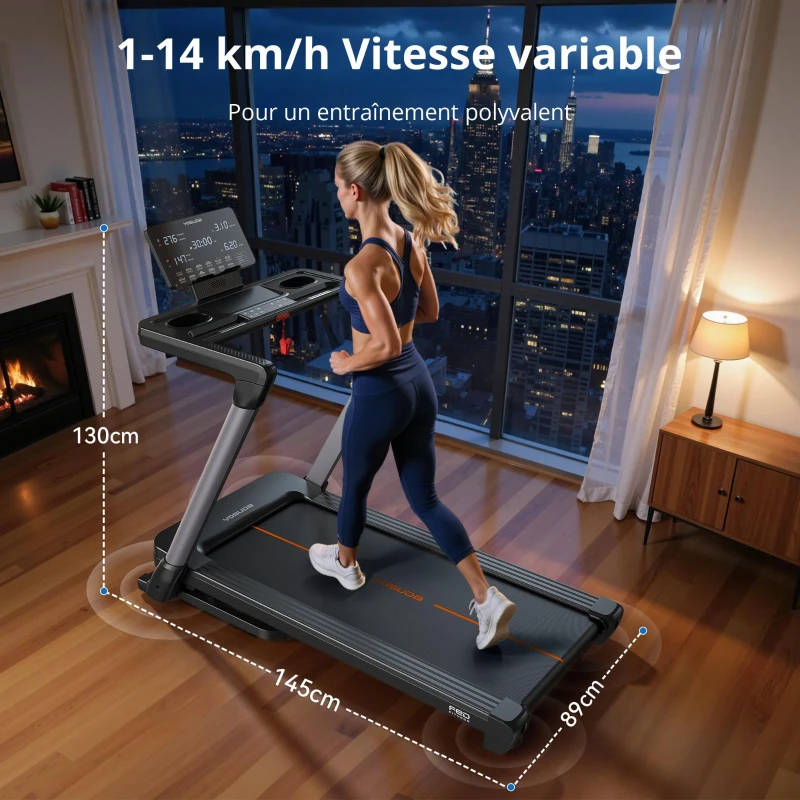 Tapis de course pliable, système de pliage pneumatique à une main, 4 coussins élastiques, 145x89x130 cm, Noir