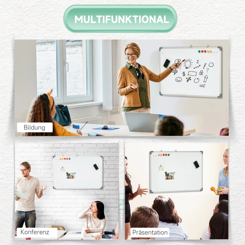 HOMCOM Whiteboard, Magnettafel, Notiztafel, inklusive Zubehör, 4 Stifte, 1 Schwamm, 10 Magnete, Weiß + Silber