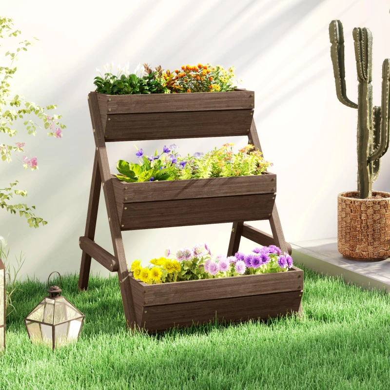 Outsunny 3 Tier Raised Garden Bed Wooden Elevated Planter Box Kit, 66L for Flower, Vegetable, Herb, 65x75x78cm, Tan