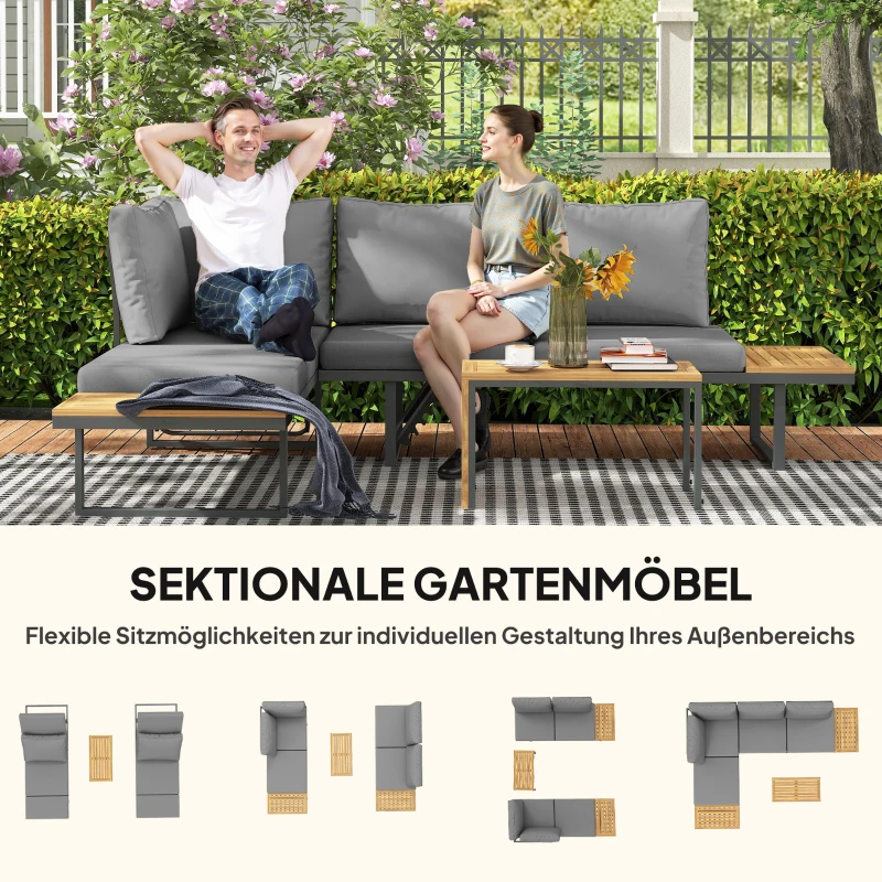 Outsunny Buitenmeubelset, Uitbreidbaar naar 6 Zitplaatsen, L-Vormige Buitenhoek met Tafels, Stalen Frame, Verstelbare Leuningen, Grijs